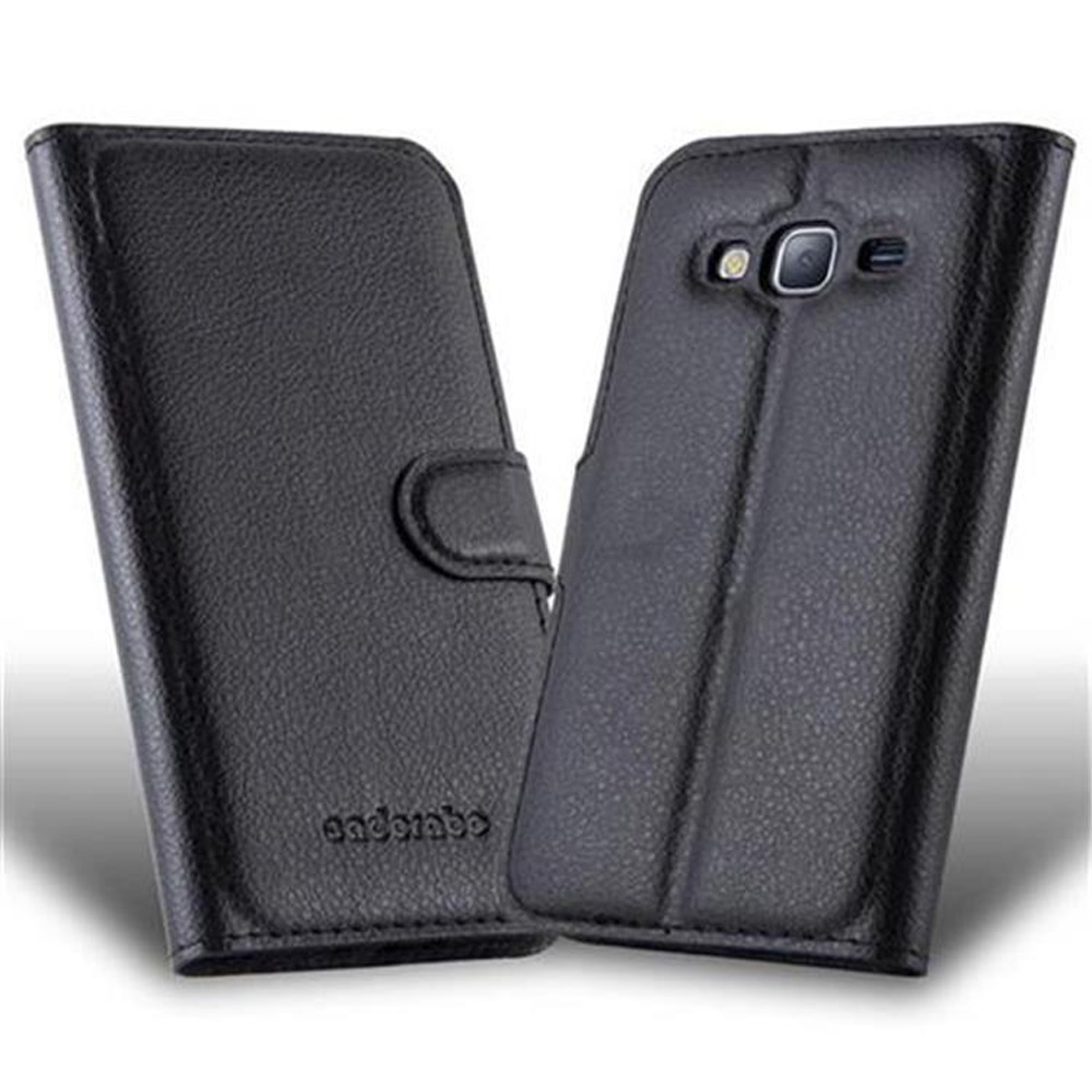 Zwei schwarze Handyhüllen. Eine ist geöffnet, mit Telefon. Die andere ist geschlossen, mit Knopf.