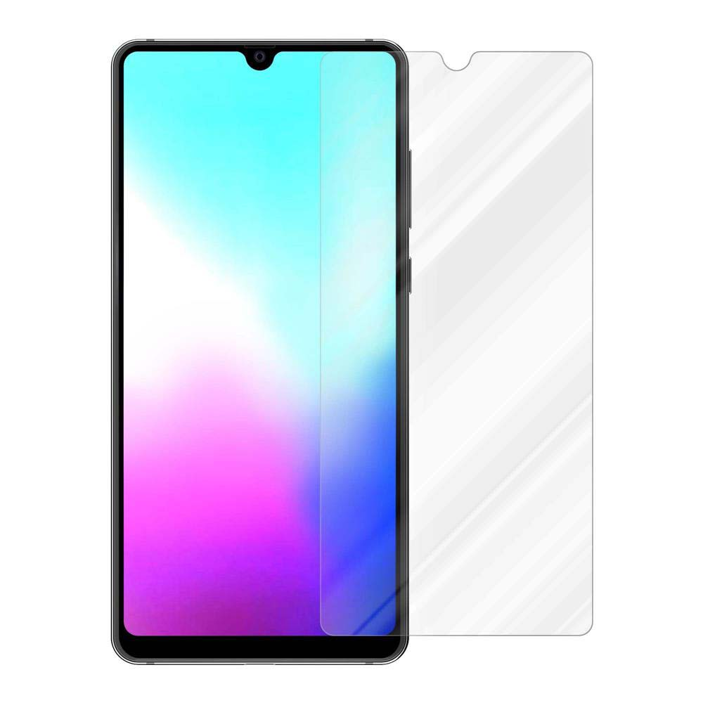 Pantalla de teléfono con protector y fondo colorido. Protector de pantalla colocado junto al teléfono.