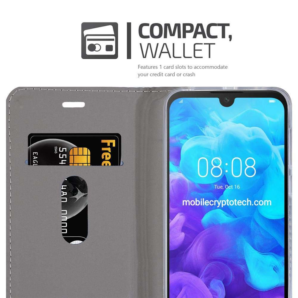 Una custodia per telefono con slot per carte è aperta, mostrando una carta di credito e un telefono.