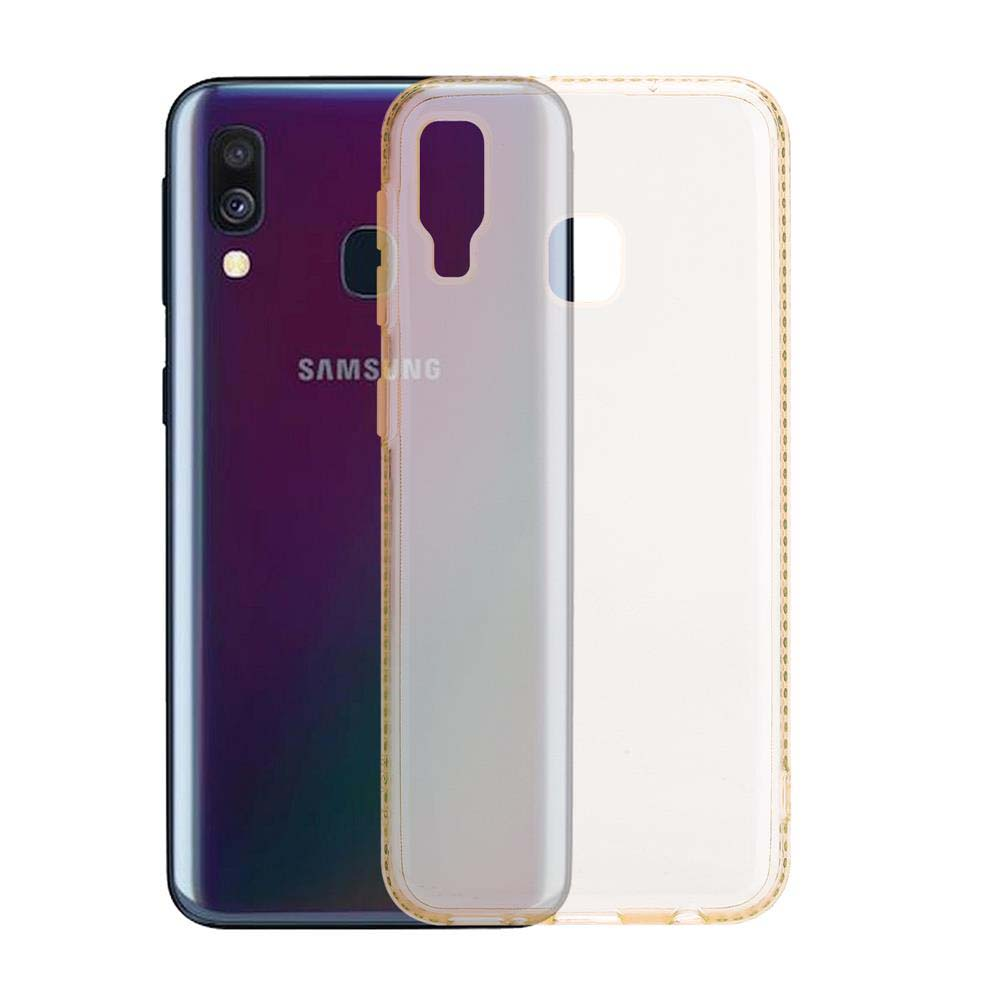 Ein Samsung-Telefon und eine transparente Handyhülle auf weißem Hintergrund.