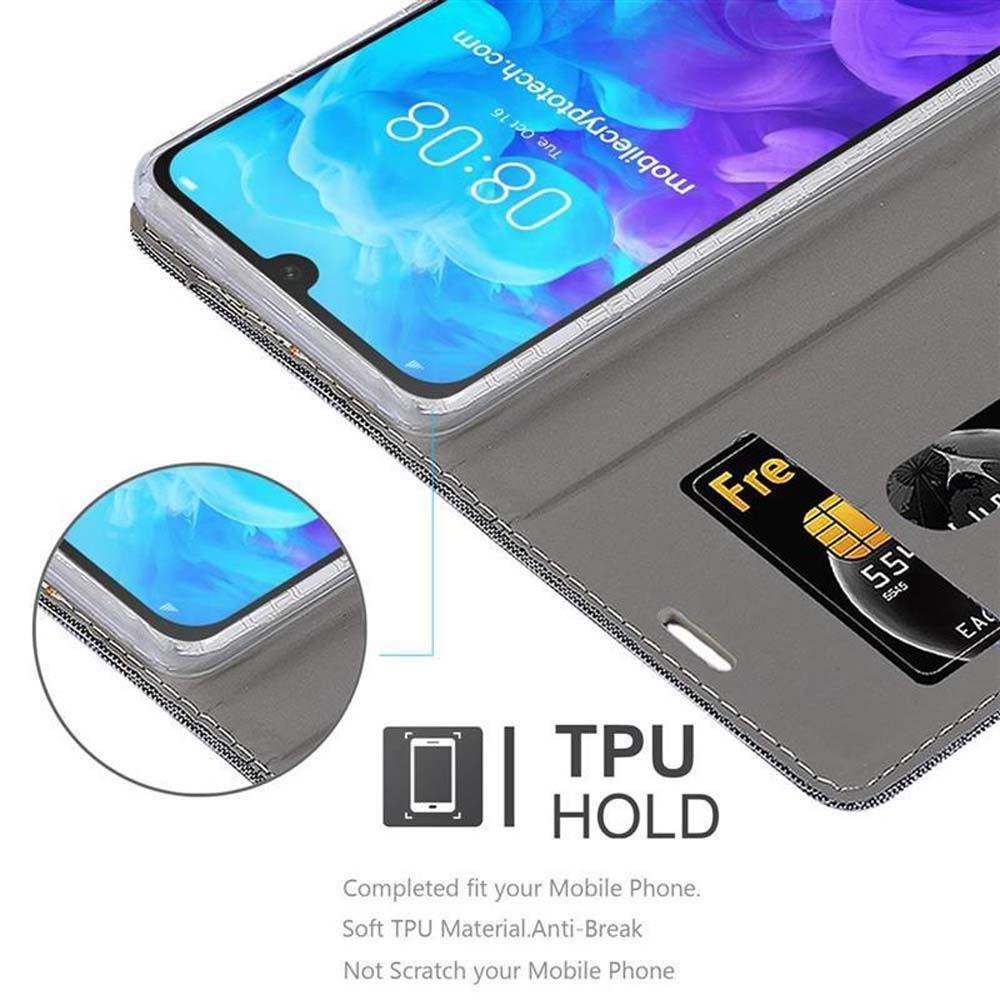 Un telefono è in una custodia a portafoglio, con uno slot per schede. Il testo recita: TPU HOLD.
