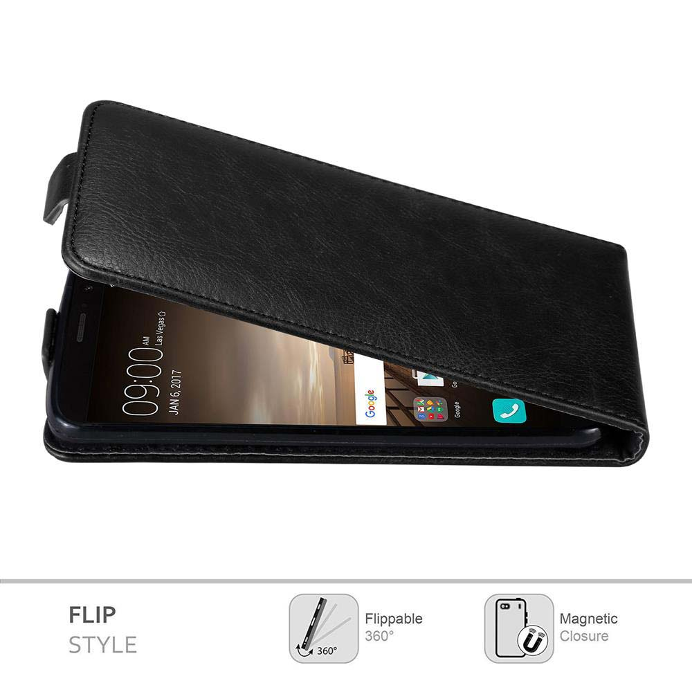 Ein schwarzes Telefon in einer schwarzen Hülle. Flip-Style wird beworben.