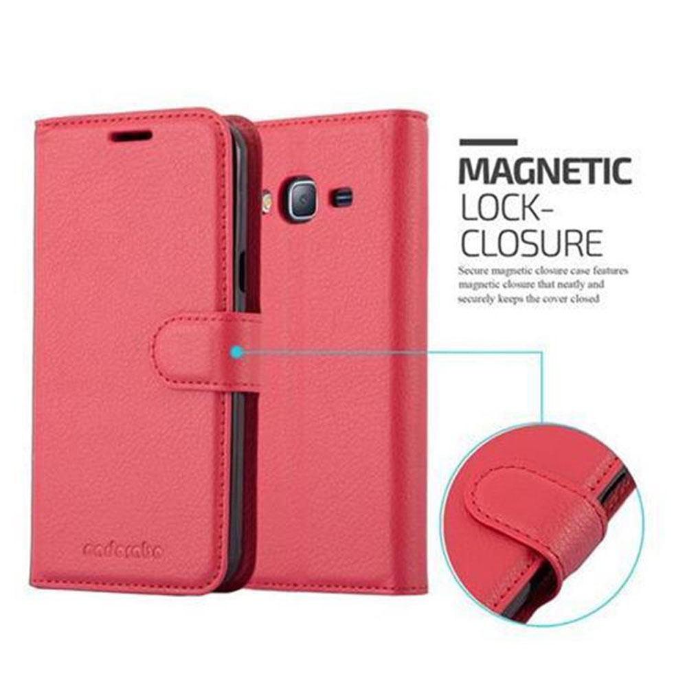 Custodia per telefono rossa, grafica chiusura magnetica. Due metà custodia, chiusa e aperta.