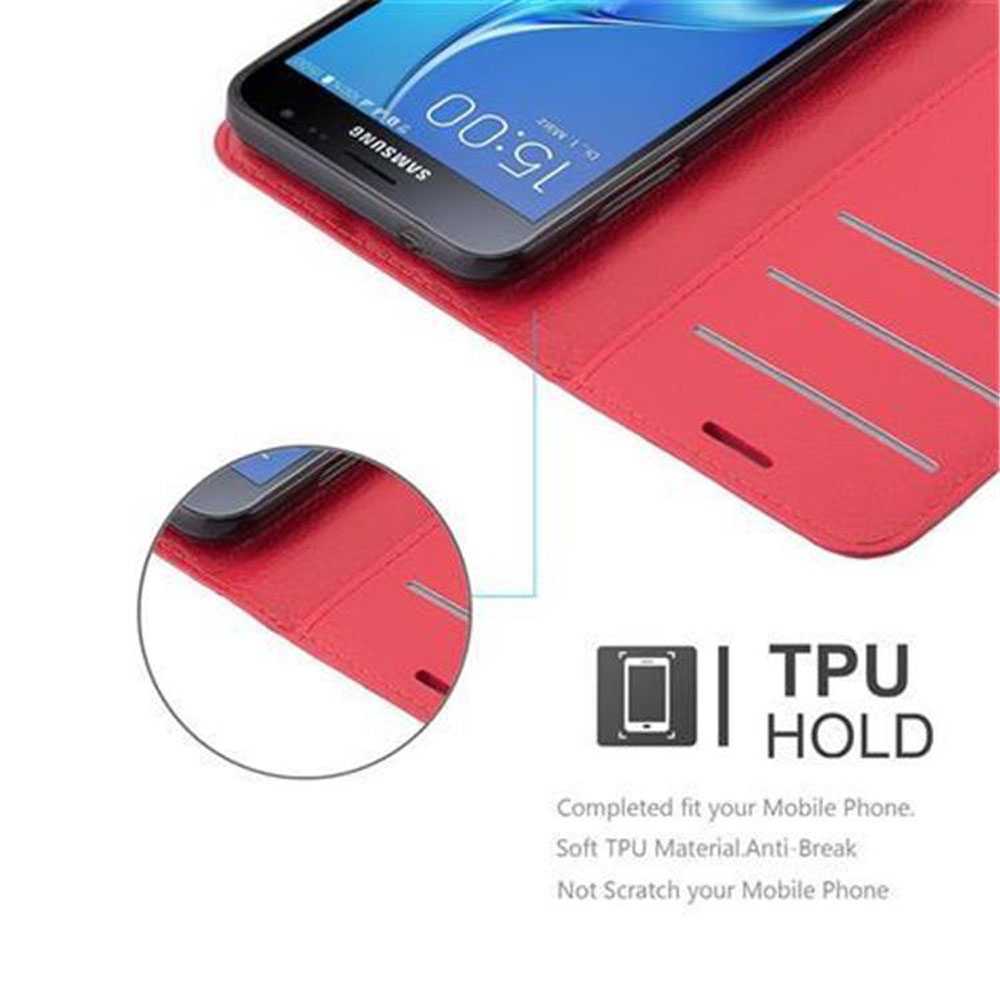 Telefono Samsung nero in custodia rossa. Testo: TPU HOLD.