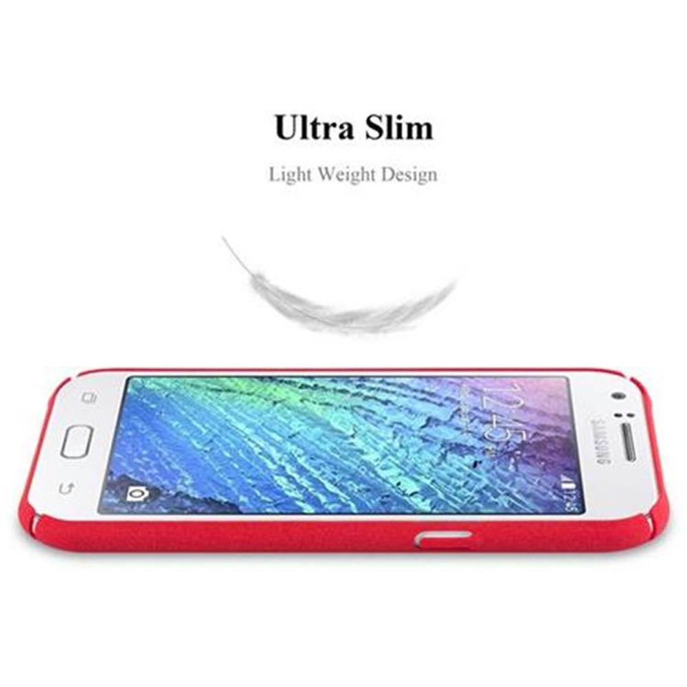 Eine rote Handyhülle und ein Telefon. Das Telefon ist rot mit einem weißen Bildschirm. Über dem Telefon befindet sich eine Feder.