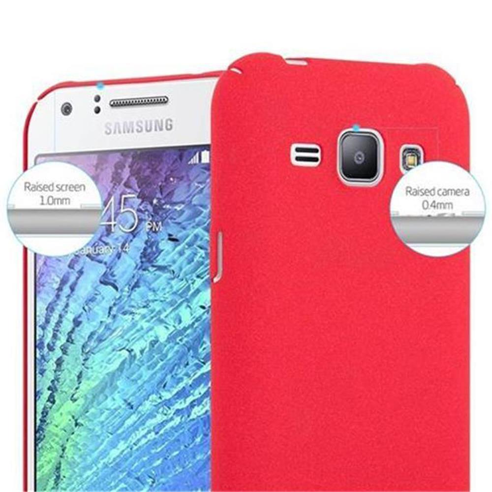 Rote Handyhülle mit weißem Samsung-Handy. Nahaufnahmen zeigen erhöhte Bildschirm- und Kameraränder.