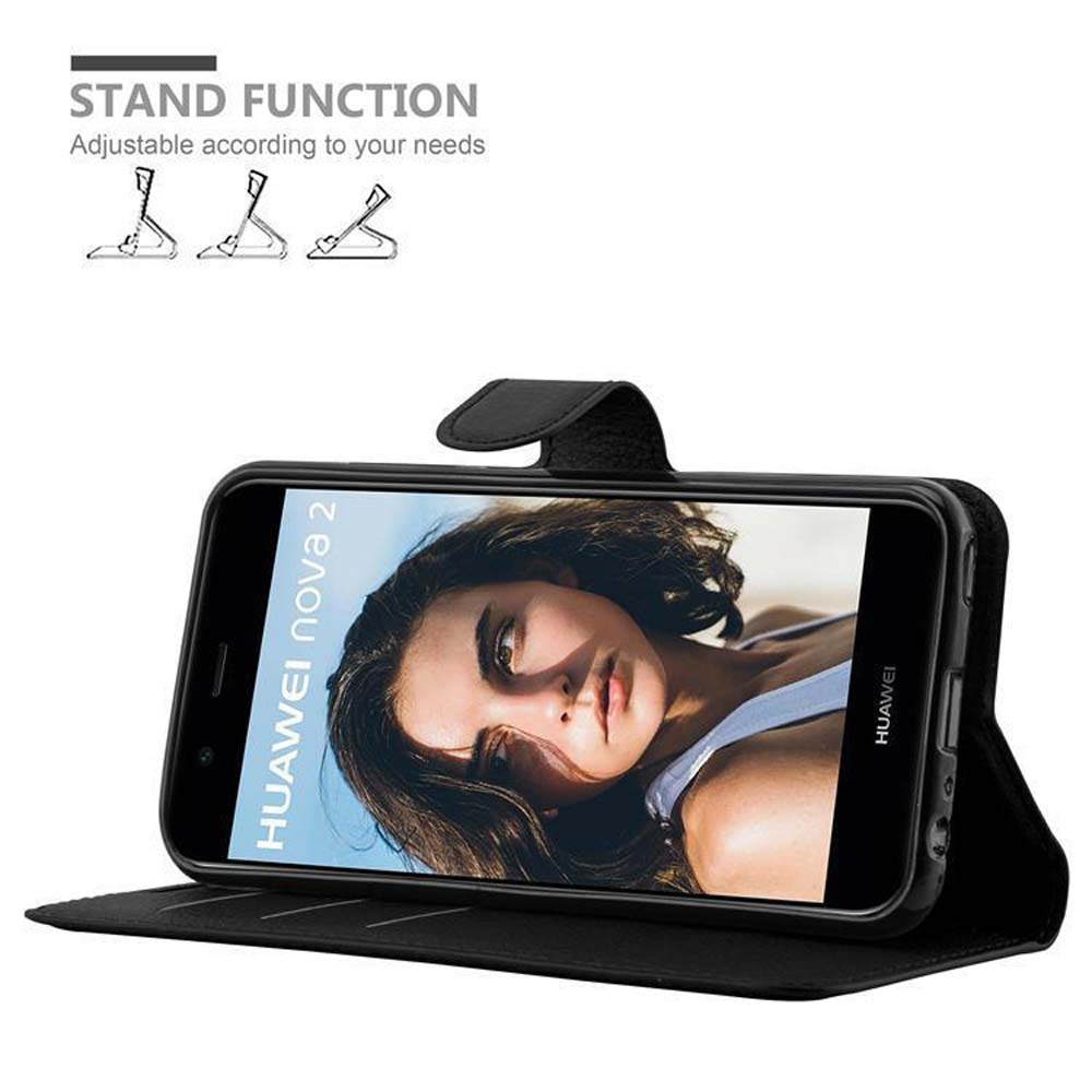Custodia per telefono nera con un telefono che mostra il volto di una donna. Il telefono è inclinato per stare in piedi.