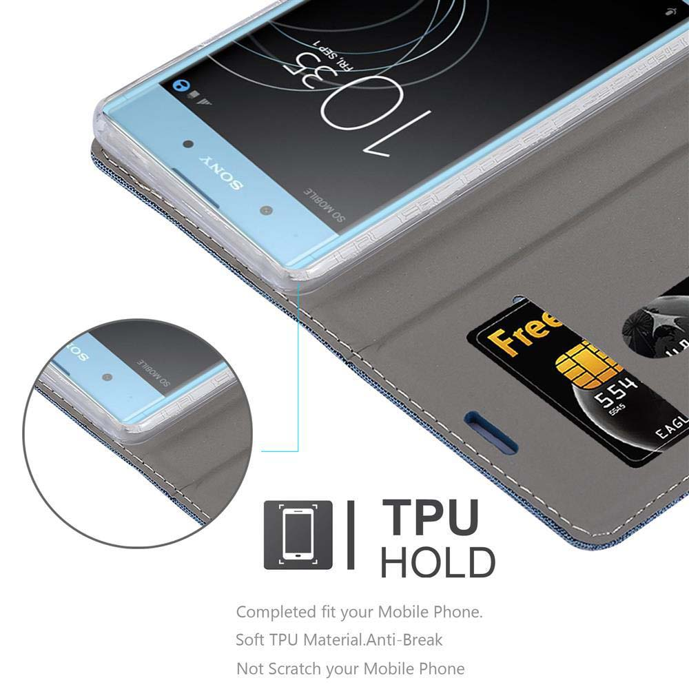 Custodia blu per telefono con telefono dentro. Il telefono mostra l'ora 10:35 e la data ven 1 set.