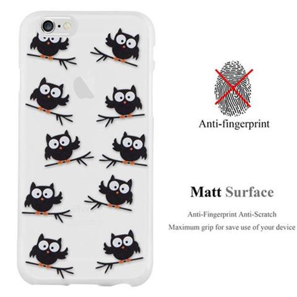 Weißes Telefoncase mit Eulen-Design. Eulen sind schwarz. Text: Anti-Fingerabdruck und matte Oberfläche.