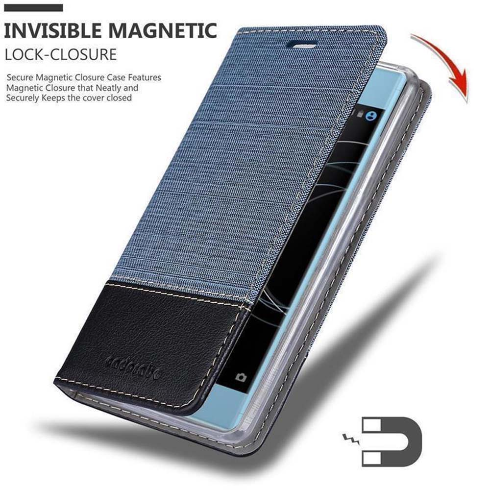 Custodia per telefono blu con chiusura magnetica. Testo: Chiusura magnetica invisibile.