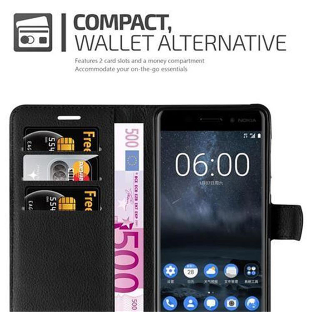 Schwarze Handyhülle, mit Telefon und Karten. Text: Kompakt, Geldbörsen-Alternative.