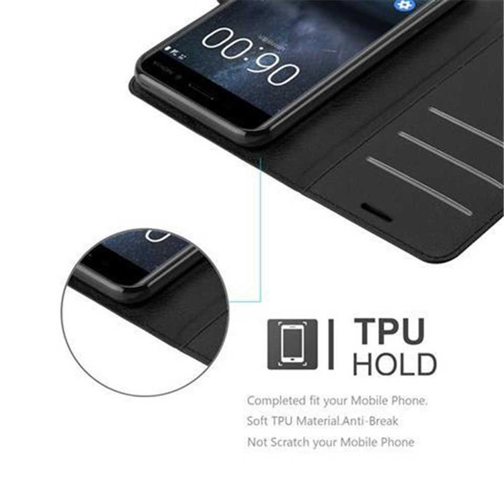 Schwarzes Telefon in einer Hülle mit TPU HOLD-Design. Die Hülle ist offen und zeigt den Bildschirm. Der Hintergrund ist schwarz.