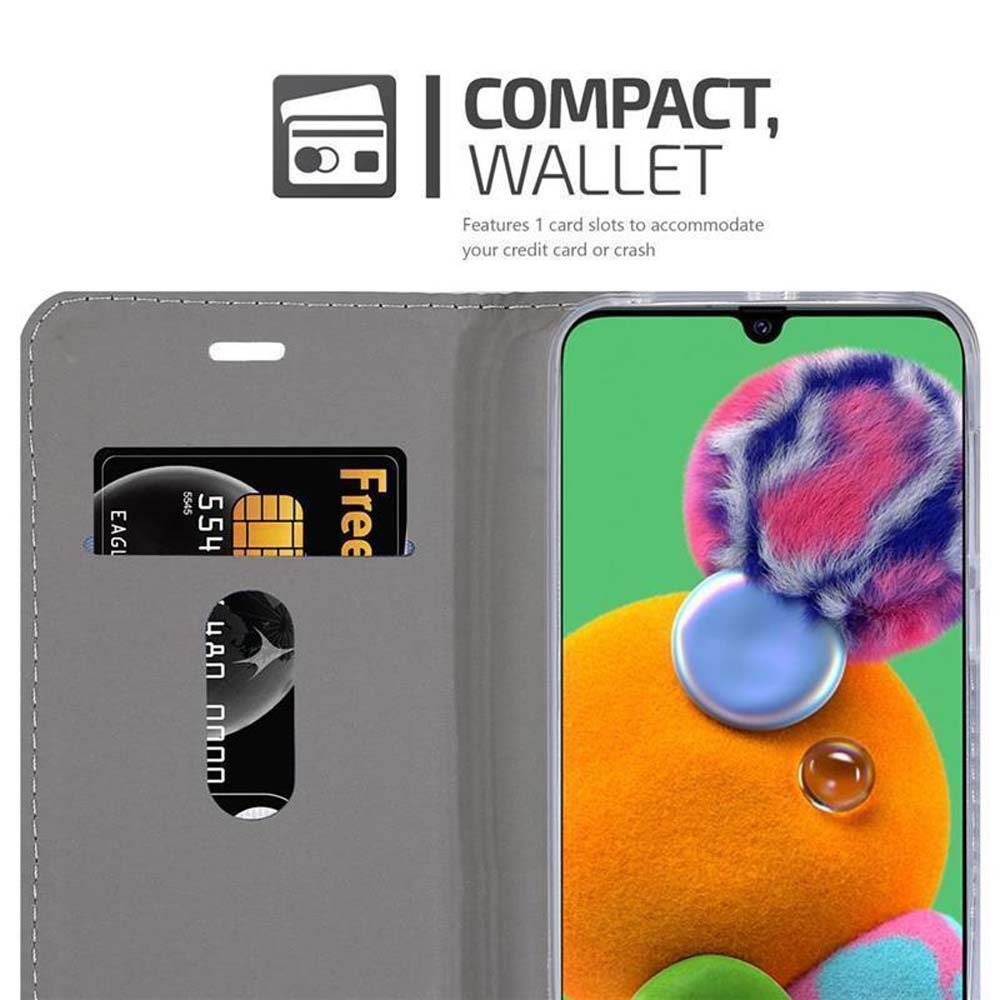 Telefono in custodia con fessura per carta di credito. Il display mostra un'immagine. Testo: Portafoglio compatto.