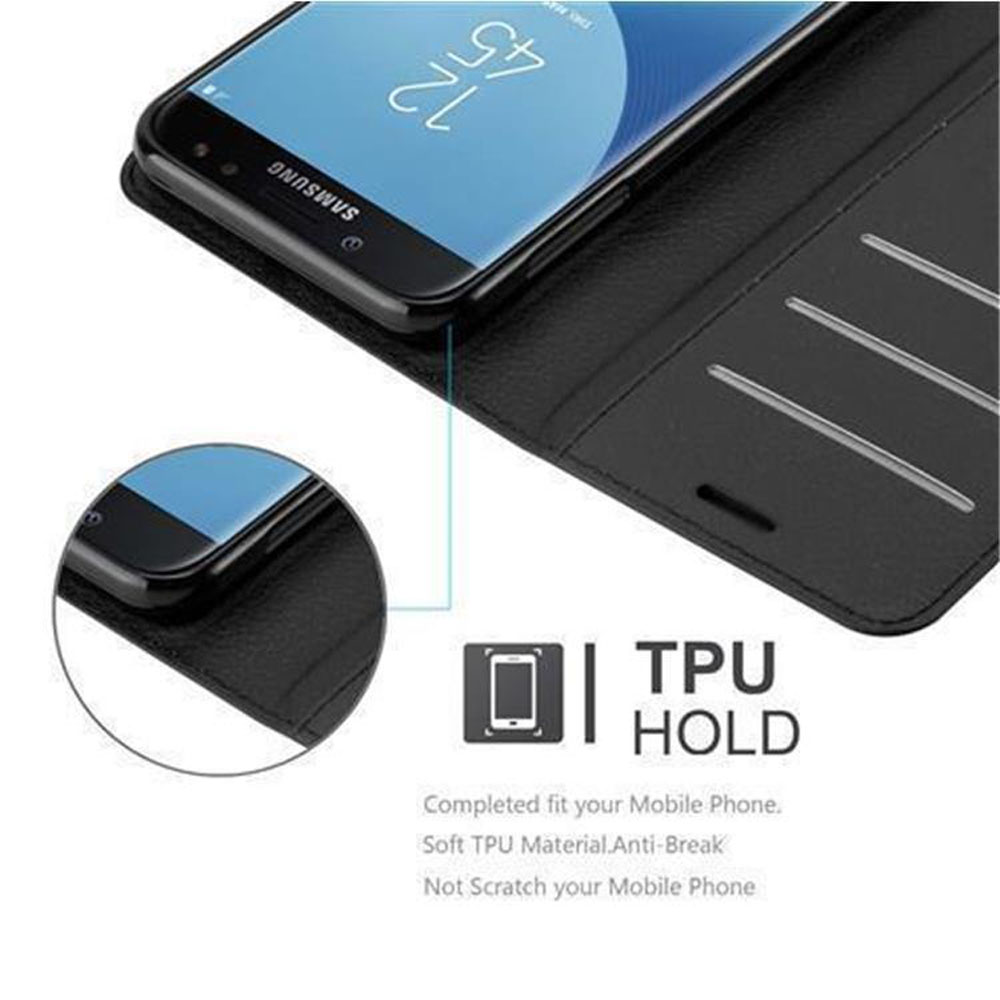 Ein schwarzes Telefon in einer schwarzen Lederhülle. Das Telefon zeigt eine Uhr und das Samsung-Logo.