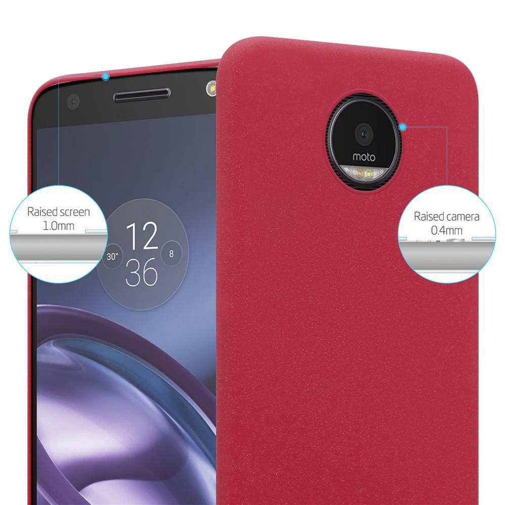 Una custodia rossa per telefono su un telefono con schermo che mostra l'ora e una fotocamera.