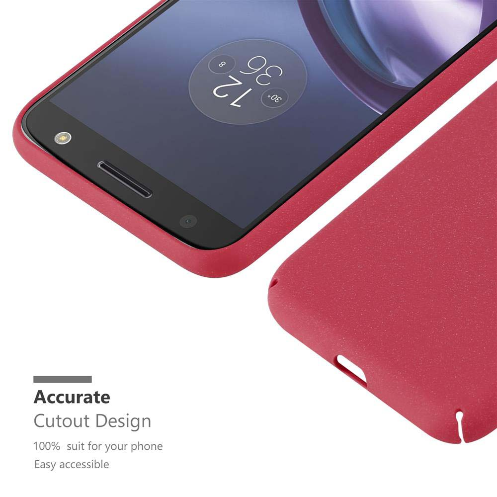 Custodia per telefono rossa su telefono nero. La custodia ha un design ritagliato ed è completamente accessibile.