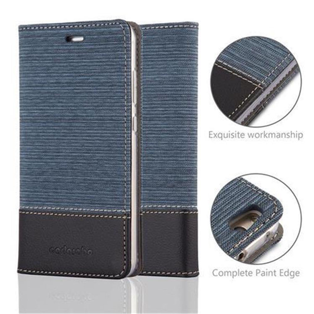 Una custodia con una copertura blu strutturata e una base in pelle nera. I dettagli della custodia sono mostrati in un cerchio.