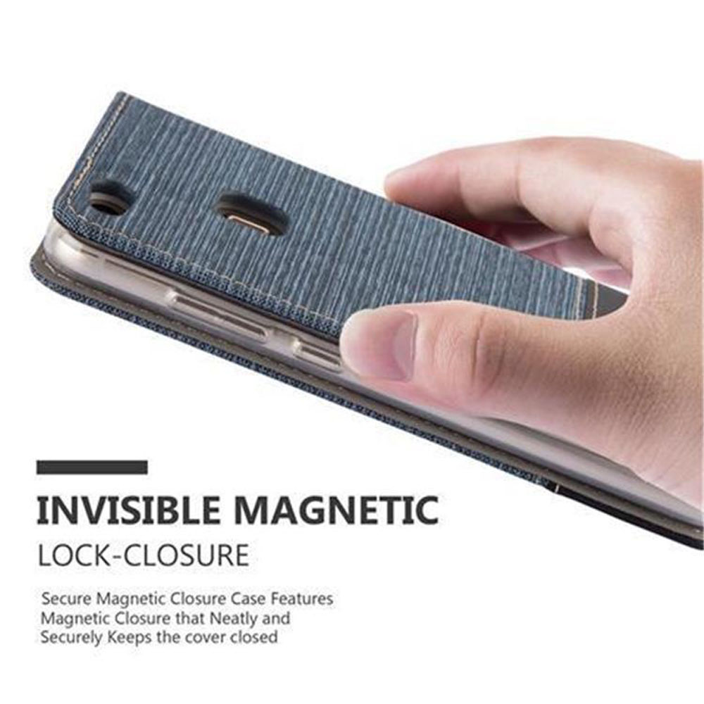 Una mano che tiene una custodia blu per telefono. Testo: chiusura magnetica invisibile.