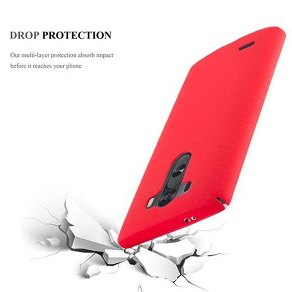 Rote Handyhülle. Text „Drop Protection“ darüber und ein Rissboden im Hintergrund.