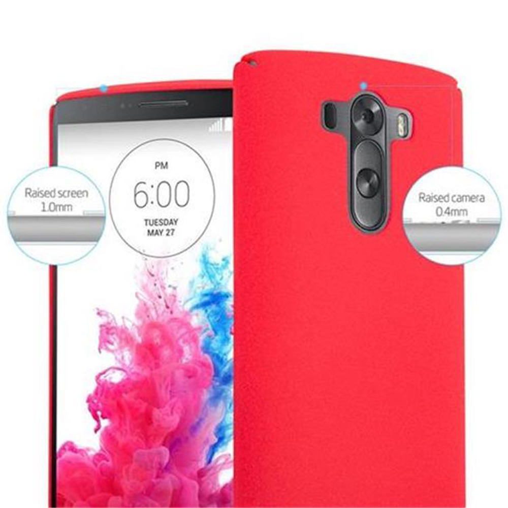 Eine rote Handyhülle, die das Telefon teilweise bedeckt. Erhöhter Bildschirm und Kamera sind angegeben.