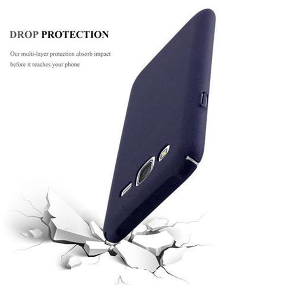 Custodia blu inclinata, frantumando superficie bianca. Testo: 'Drop Protection'.
