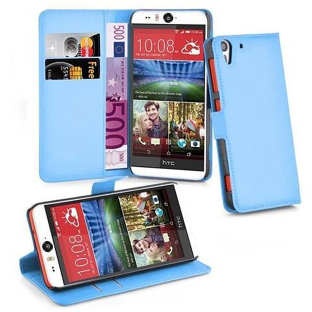Custodia per telefono blu con carte e denaro all'interno. Due telefoni sono nella custodia.