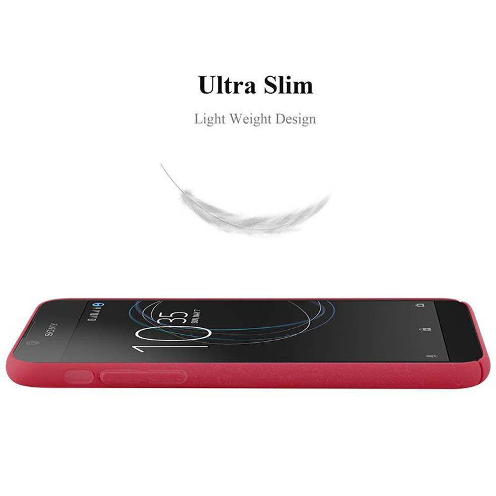 Custodia rossa per telefono sdraiata. Testo: Ultra sottile, design leggero.