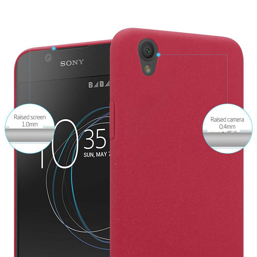 Una custodia rossa copre un telefono nero. I diagrammi mostrano i bordi rialzati dello schermo e della fotocamera.