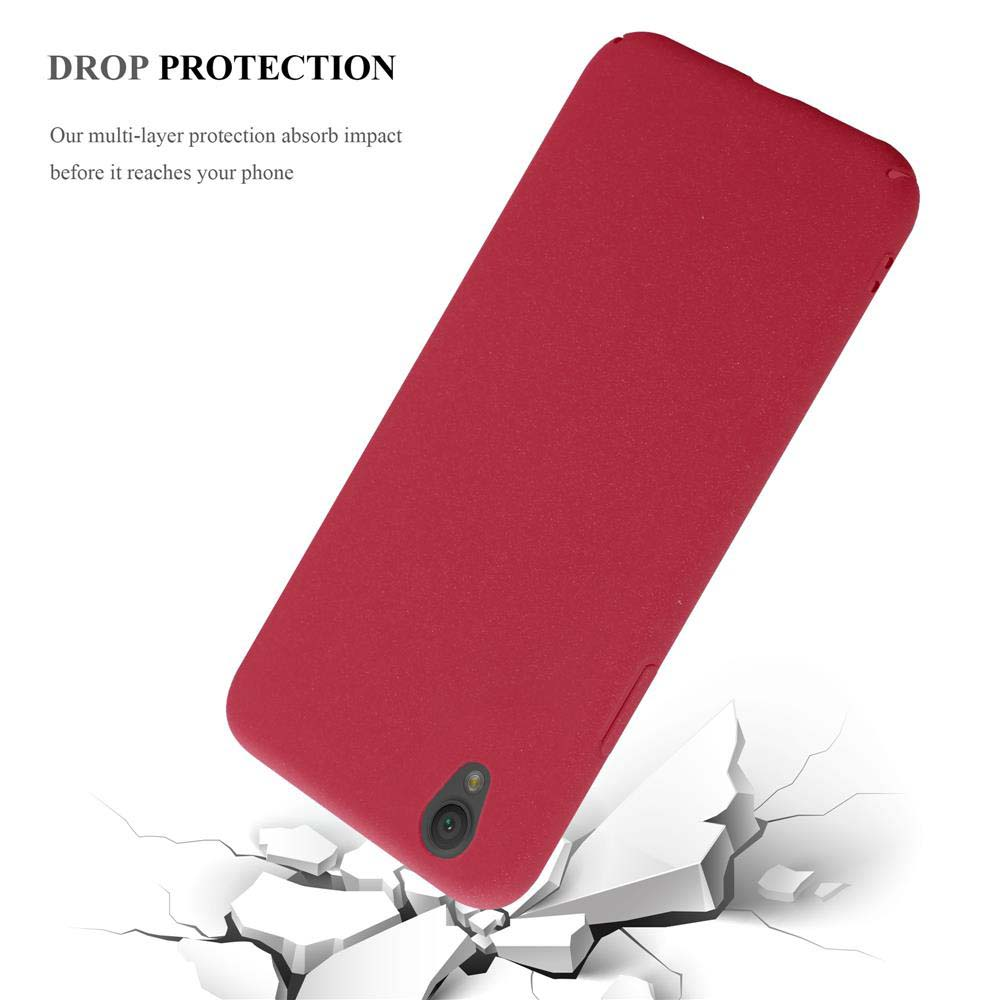 Una custodia per telefono rossa con una superficie screpolata e l'etichetta di protezione dalle cadute.