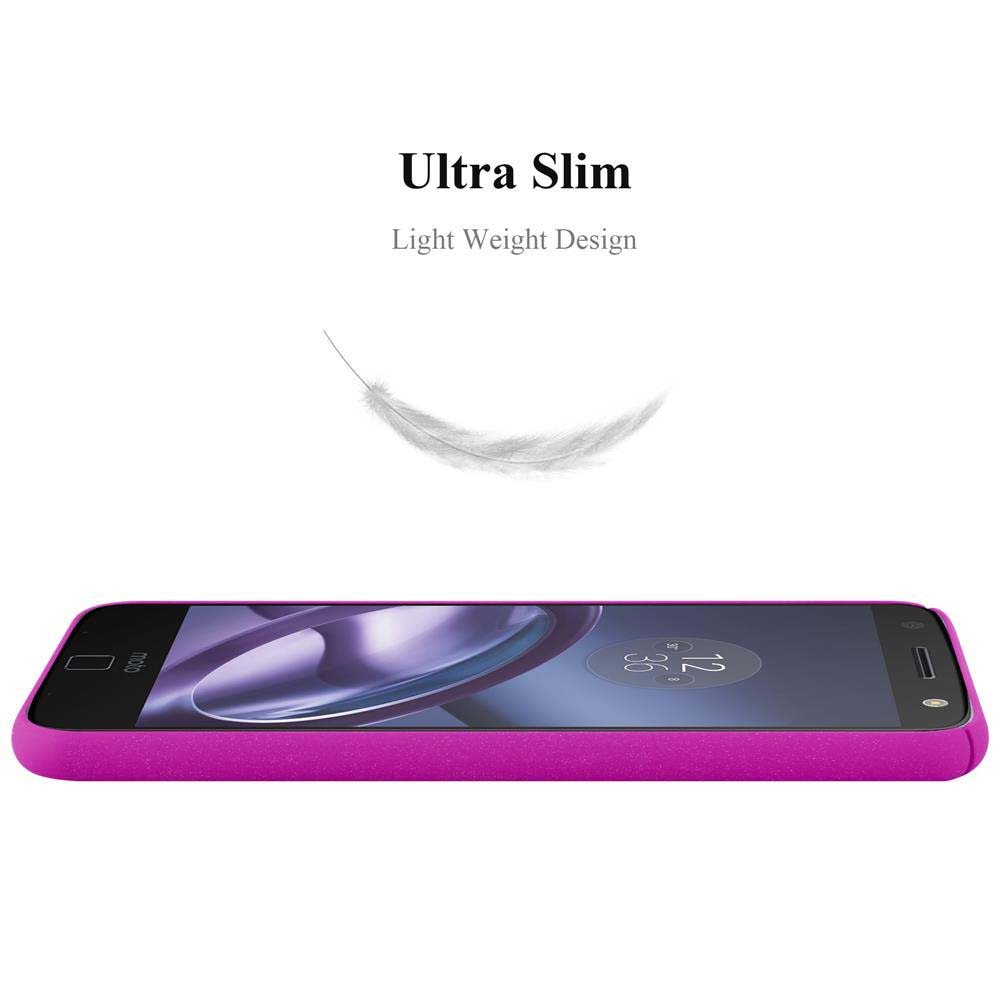 Un telefono viola con una custodia rosa. La custodia è mostrata di lato con una grafica di piuma sopra.