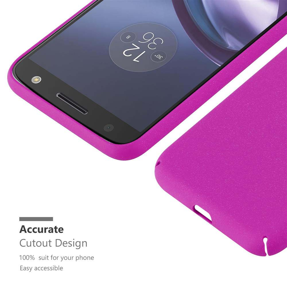Custodia viola per telefono con telefono all'interno. Design ritagliato. Orologio sullo schermo.