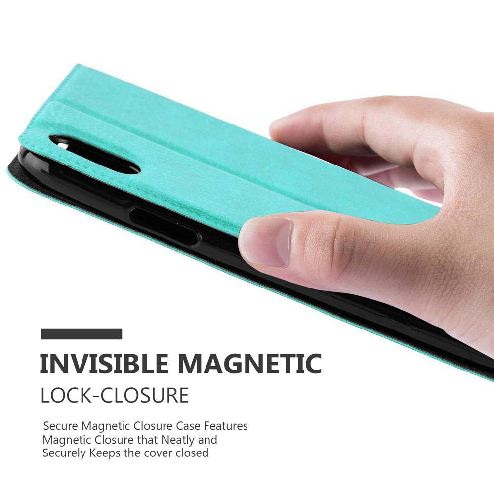 Una custodia verde per telefono con la scritta 'Invisible Magnetic Lock-Closure'.
