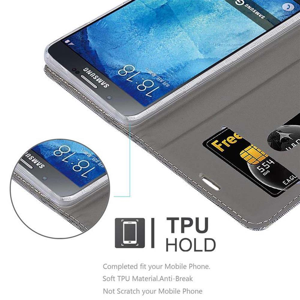 Custodia grigia con telefono che mostra l'ora. All'interno, slot per carte e una carta.