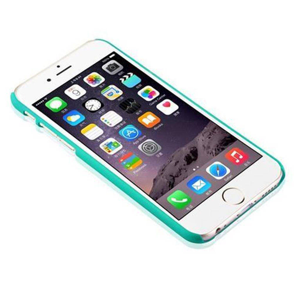 iPhone bianco con custodia verde acqua, che mostra app.