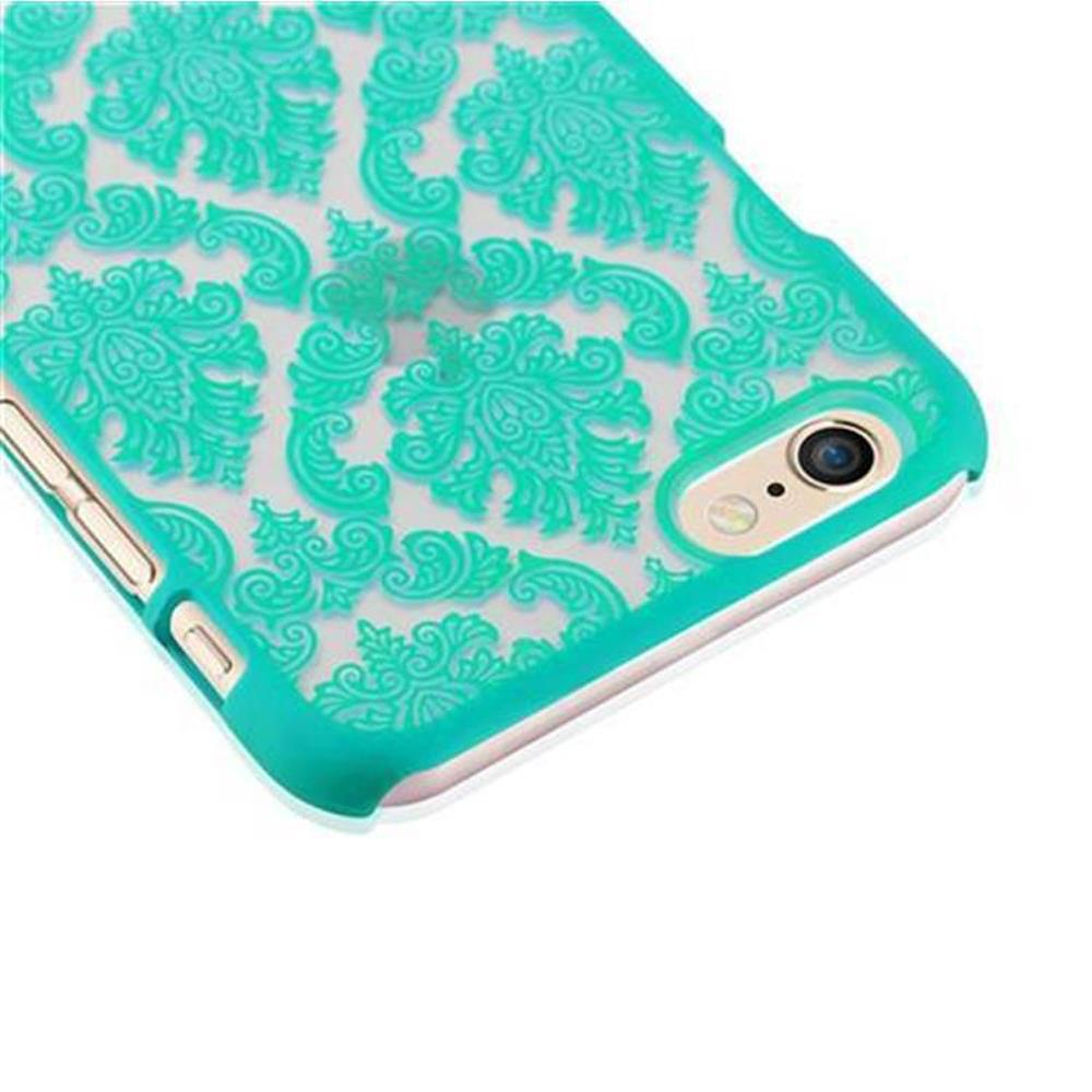 Una custodia per telefono verde acqua con motivi floreali, una fotocamera e una vista angolare.