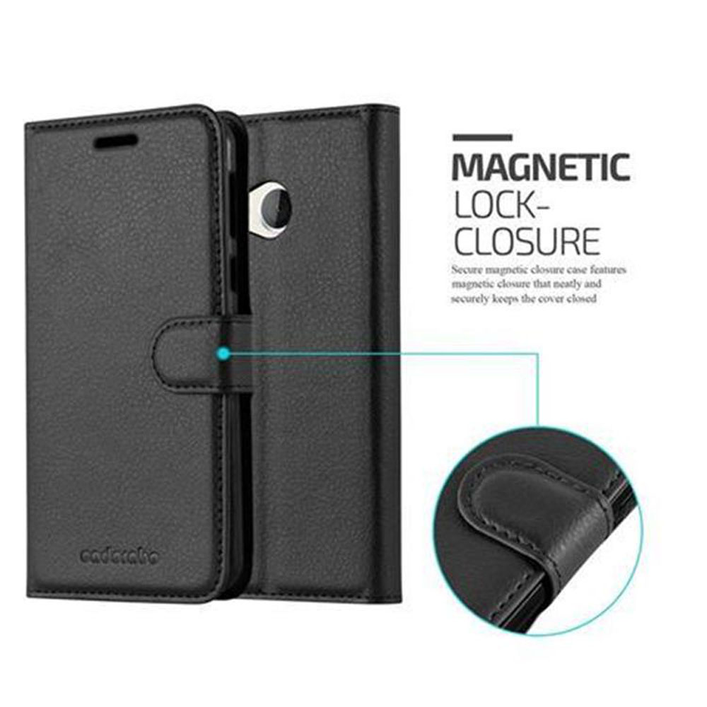 Custodia per telefono in pelle nera con chiusura magnetica, con telefono all'interno e primo piano.