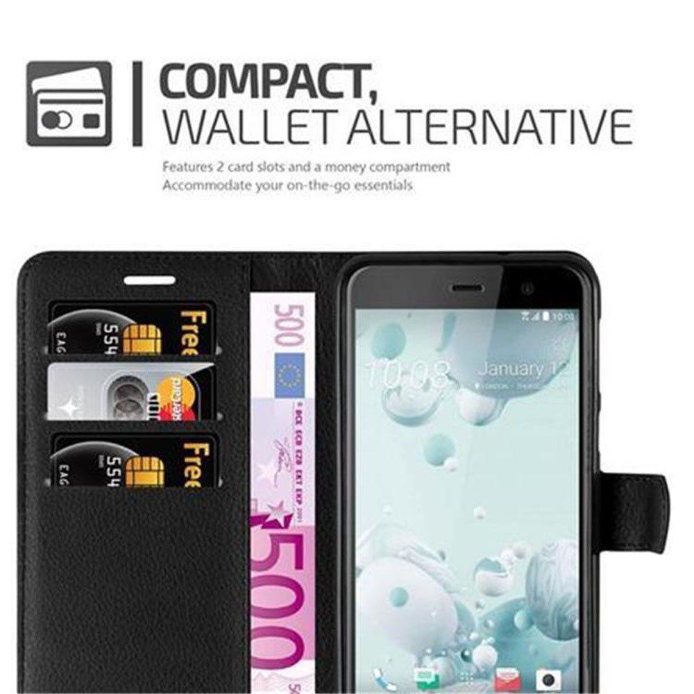 Un telefono in una custodia in pelle con slot per carte e un vano per contanti, e banconote e carte nella custodia.