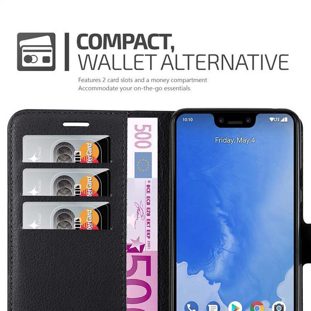 Schwarze Handyhülle mit Karten und Geld. Der Text oben lautet 'Kompakt, Geldbörsenalternative'.