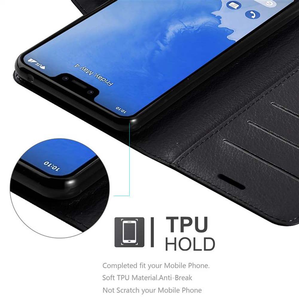 Ein schwarzes Telefon in einem schwarzen Gehäuse mit einem TPU HOLD-Etikett und dem sichtbaren Telefonbildschirm.