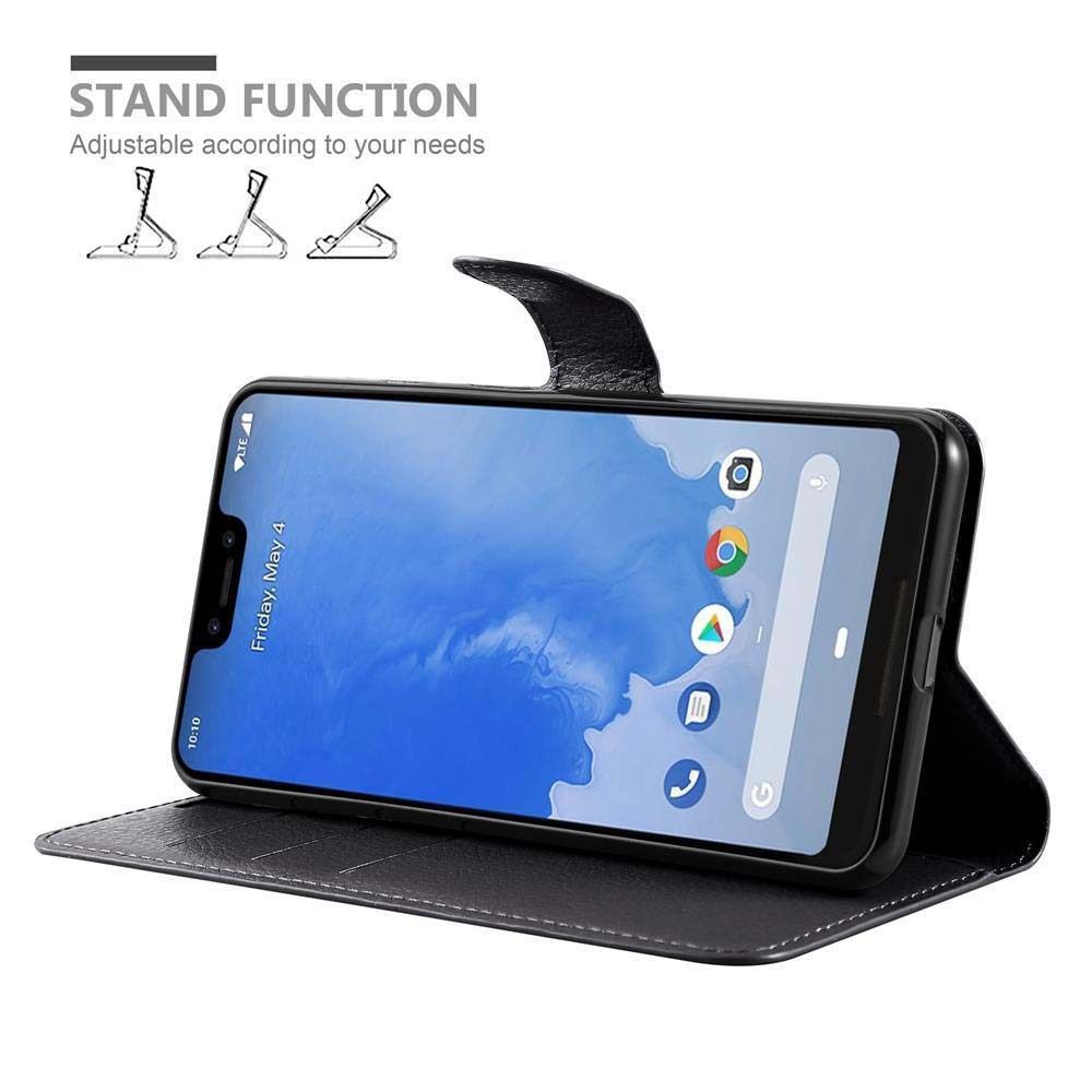 Schwarzes Telefon in einer schwarzen Hülle. Hülle ist offen, Telefonbildschirm ist sichtbar. Text: Standfunktion.