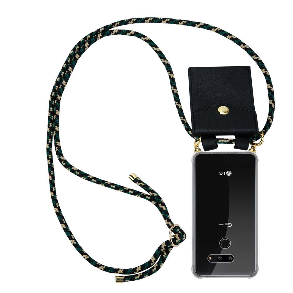 Telefon mit klarer Hülle und Umhängeband. Schwarze Hülle mit Kartenhalter. Goldene Details.