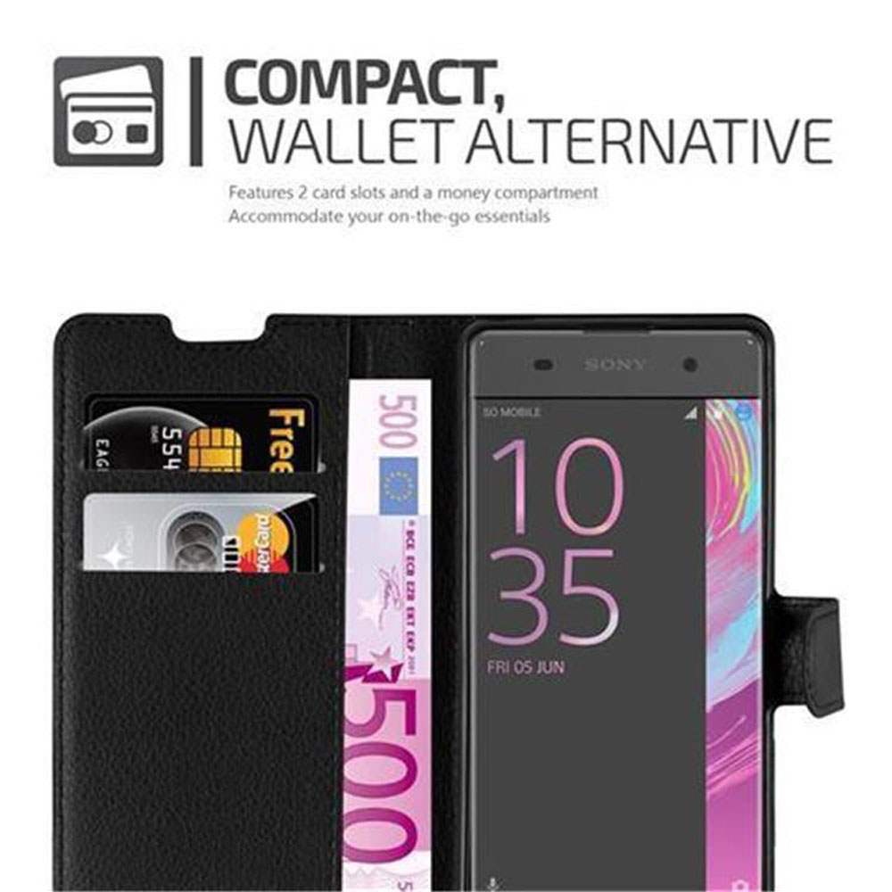 Smartphone in una custodia con due slot per carte e un vano per soldi. Include una carta di credito e una banconota.
