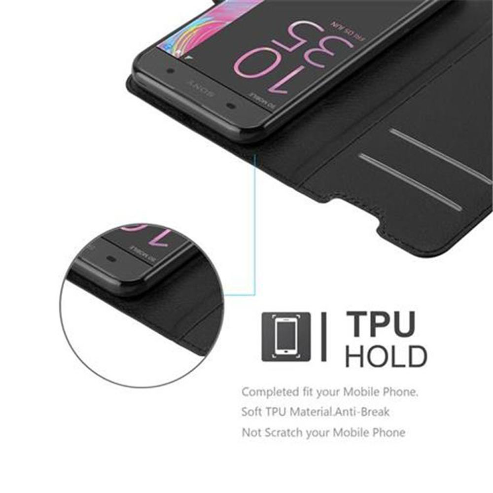 Custodia per telefono nera con orario mostrato. La custodia ha un supporto in TPU e un primo piano del telefono.