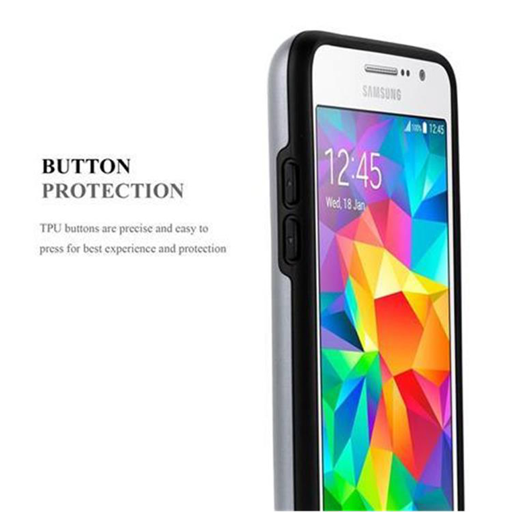 Un teléfono con una funda. La pantalla muestra una imagen colorida.