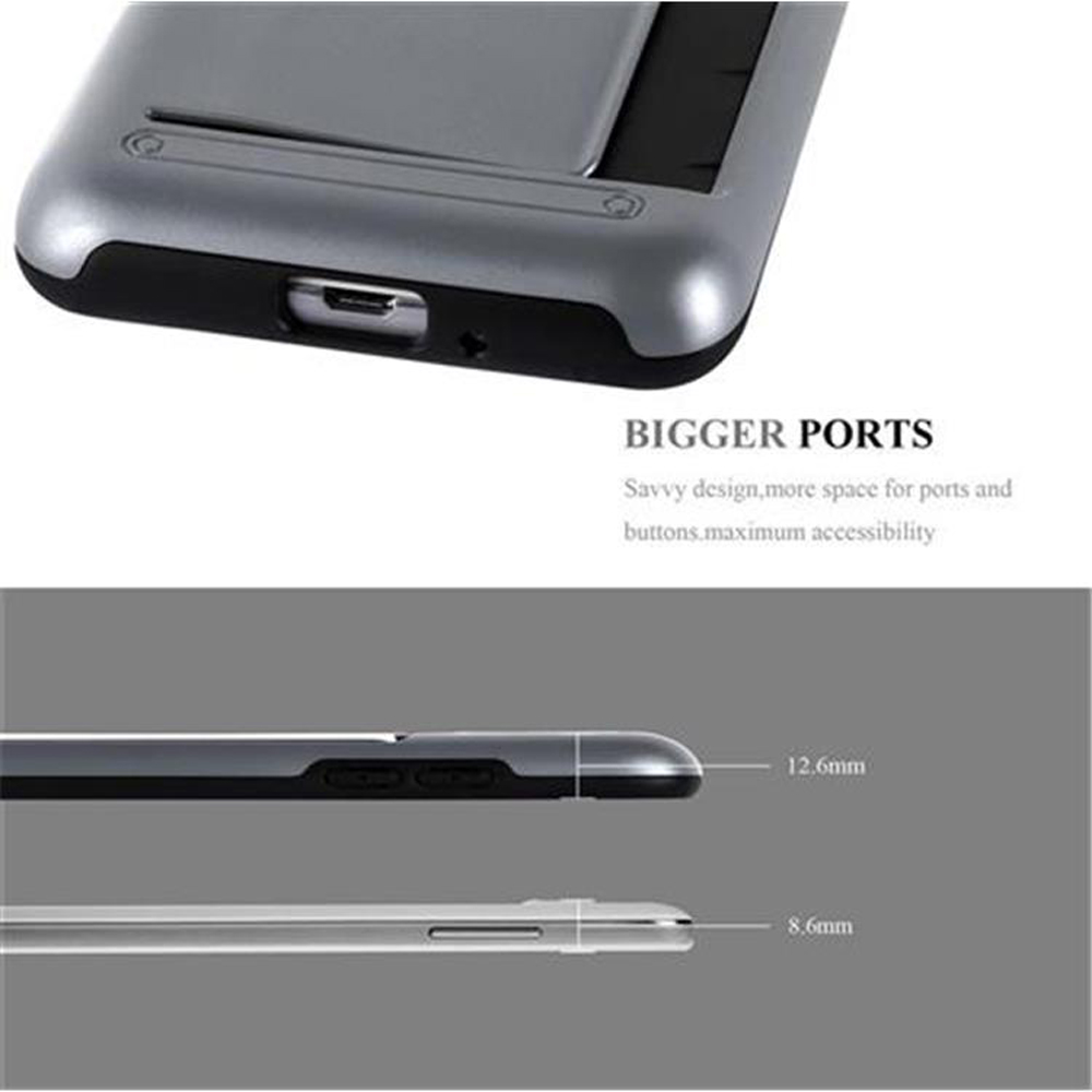 Primer plano de una funda de teléfono con puertos más grandes. Texto: 'Puertos más grandes, Diseño'.