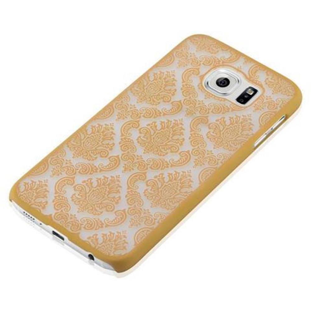 Eine Handyhülle mit floralem Design. Die Hülle ist goldfarben und das Telefon befindet sich darin.