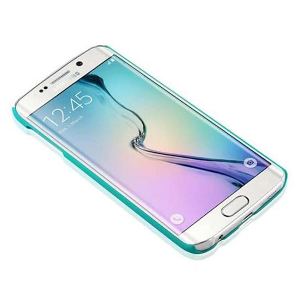 Ein silbernes und türkisfarbenes Telefon wird gezeigt. Der Bildschirm zeigt ein farbenfrohes Bild. Das Telefon ist diagonal geneigt.