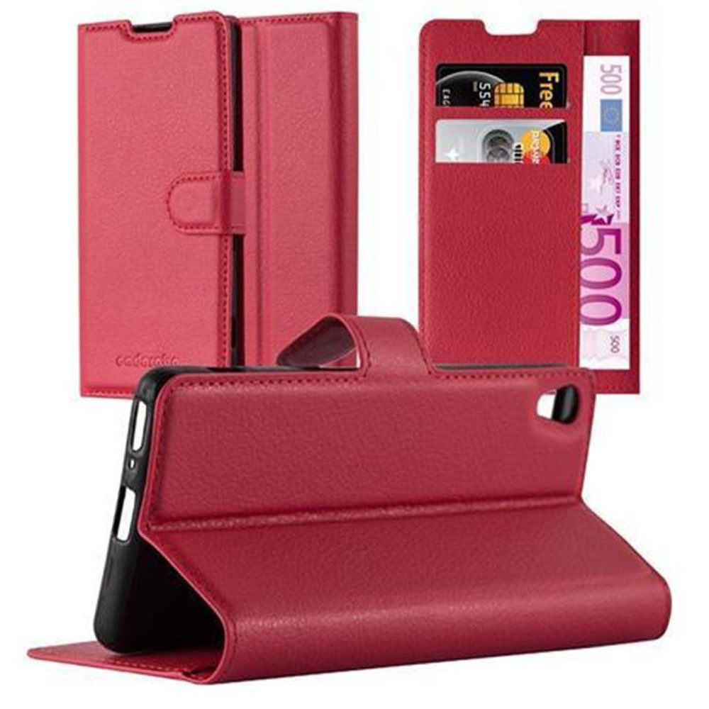Custodia rossa per telefono con telefono e fessure per carte. Un'altra custodia è aperta e mostra il telefono.