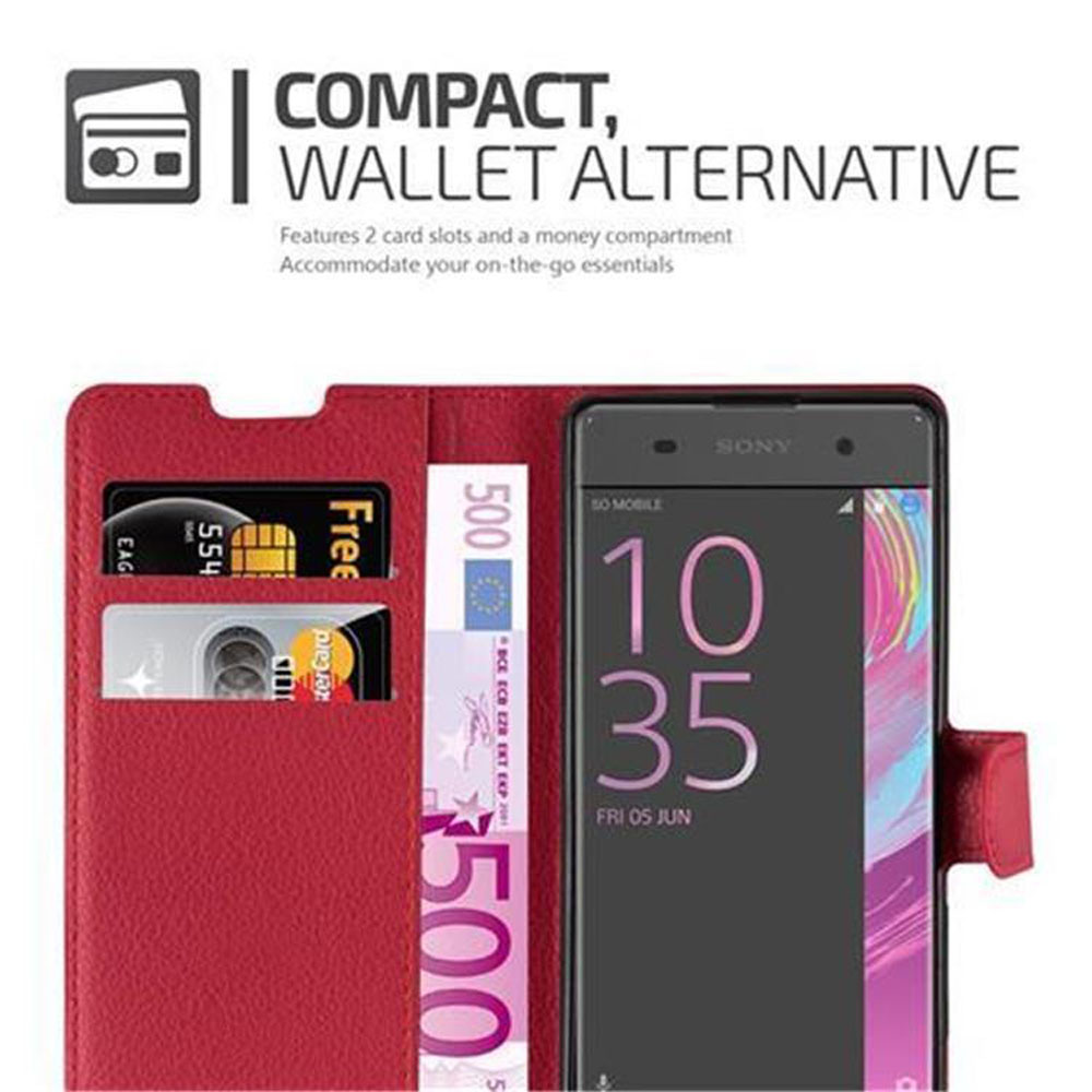 Custodia per telefono rossa, aperta. Telefono all'interno che mostra lo schermo. Carte di credito e denaro visibili.
