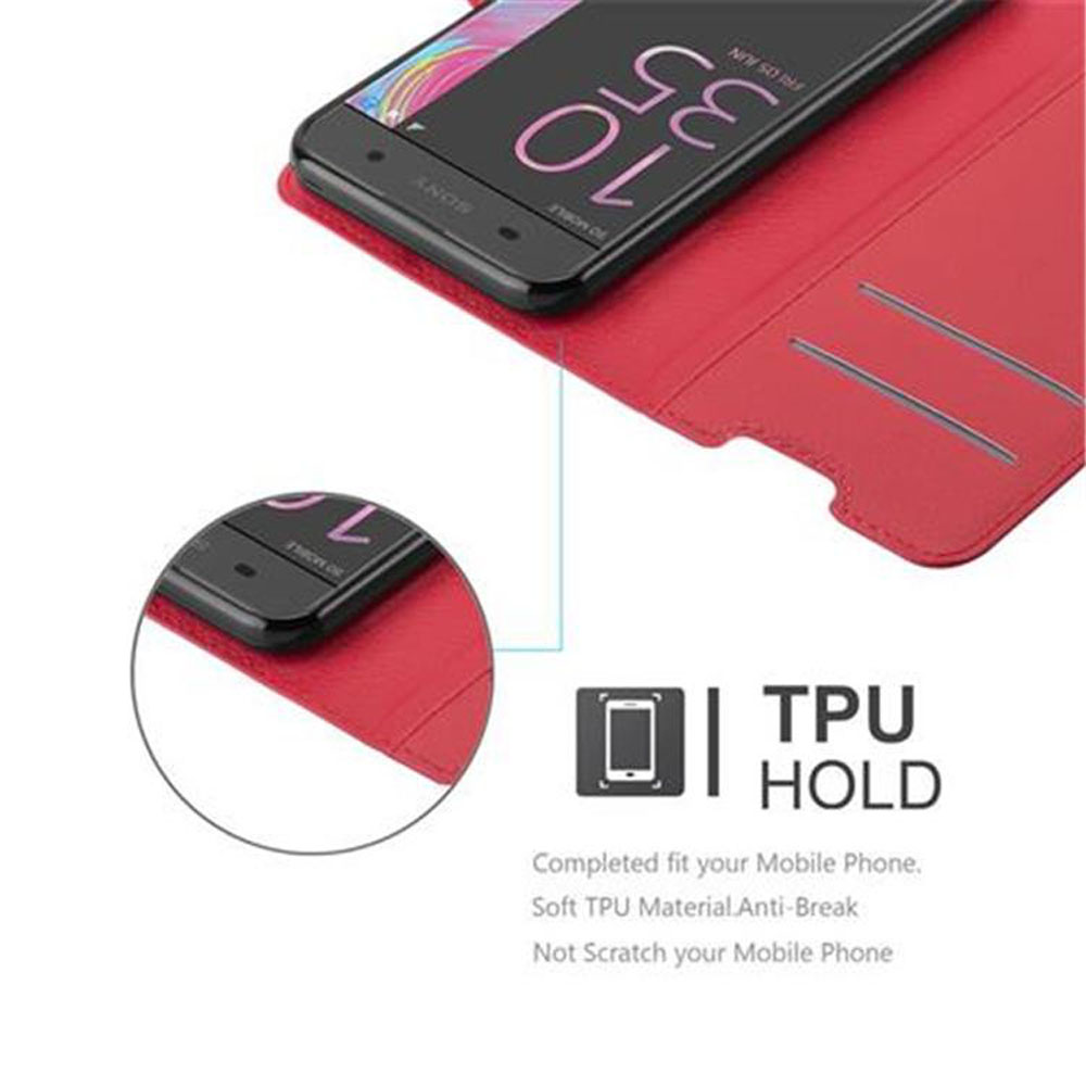 Una custodia per telefono rossa aperta. Un telefono è nella custodia, che mostra lo schermo. La custodia ha il testo "TPU HOLD".